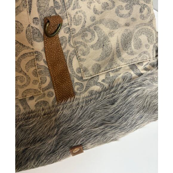 Myra Bag Backpack Upcycled Canvas Leather Hair on Hide Large Excellent Condition - Picture 8 of 11